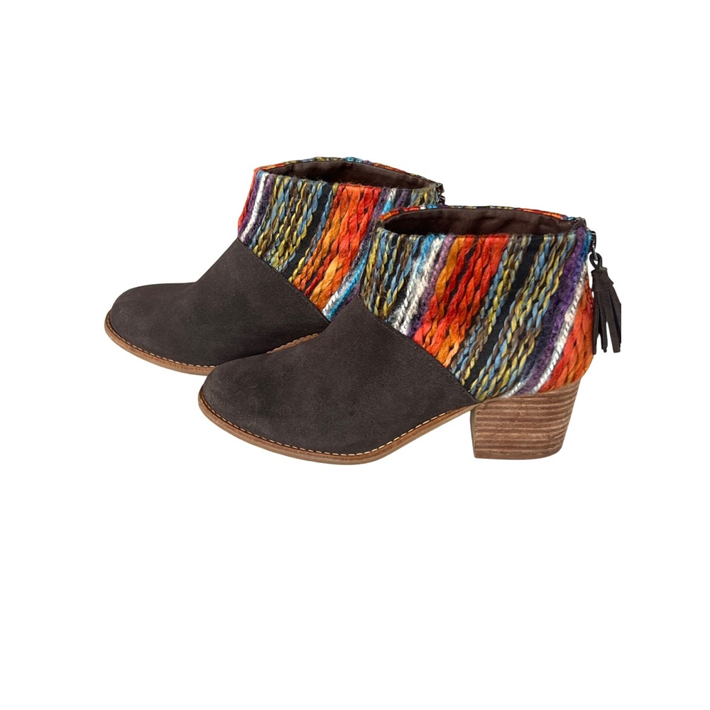 TOMS Laina Brown Suede Multi Color Woven Tassel Ankle Boots Womens 7
